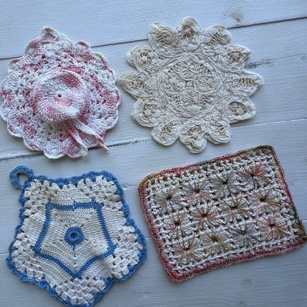 Vintage Handmade Crochet Potholder and Doily Set of 4 Pink Blue Cream Multi